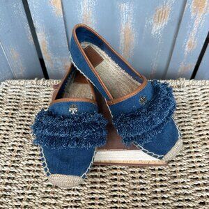 Tory Burch Shaw Denim Fringe Espadrille Blue Sz 8